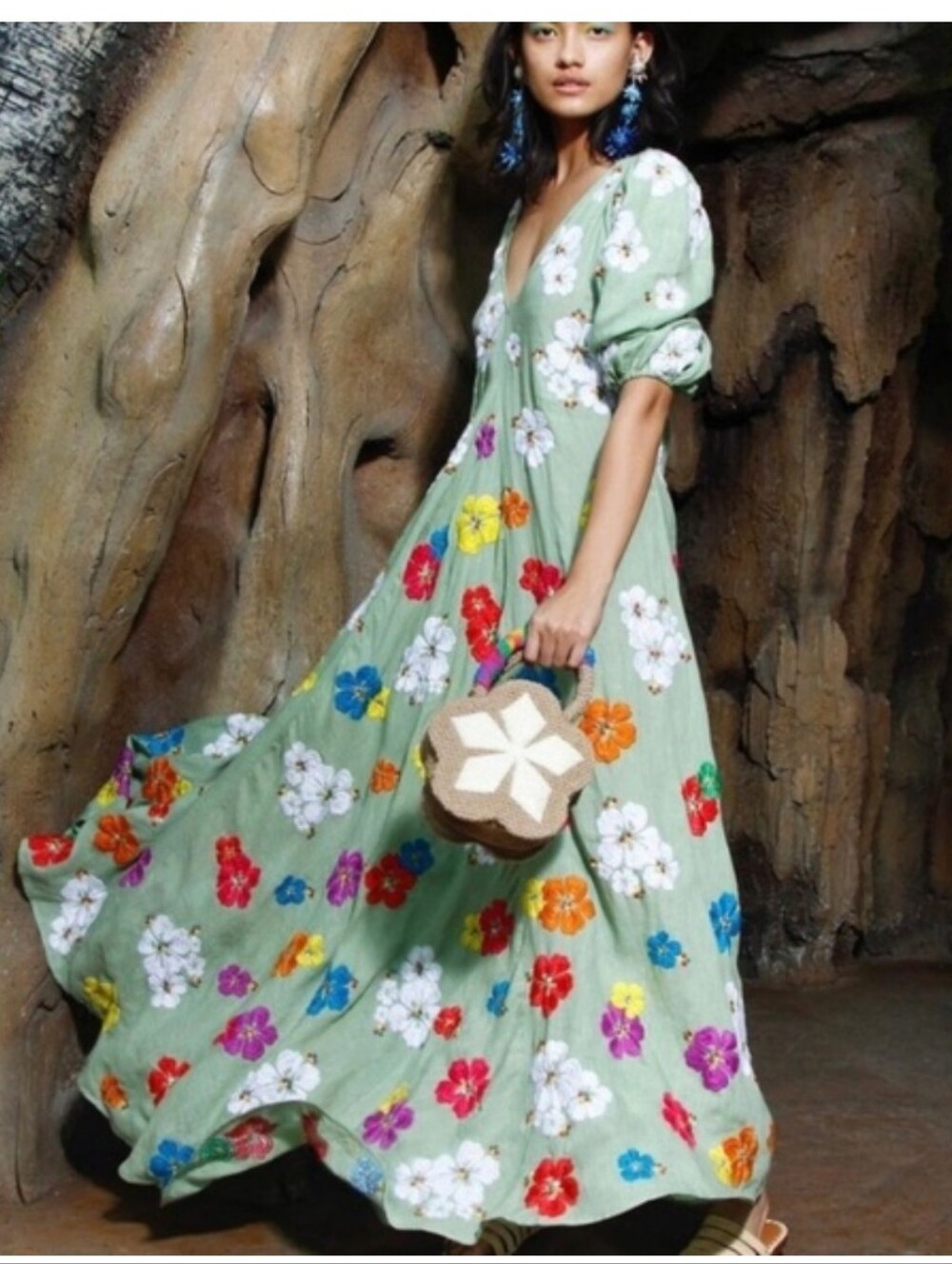 All Things Mochi Tila Floral Embroidered Linen Maxi Dress | Small